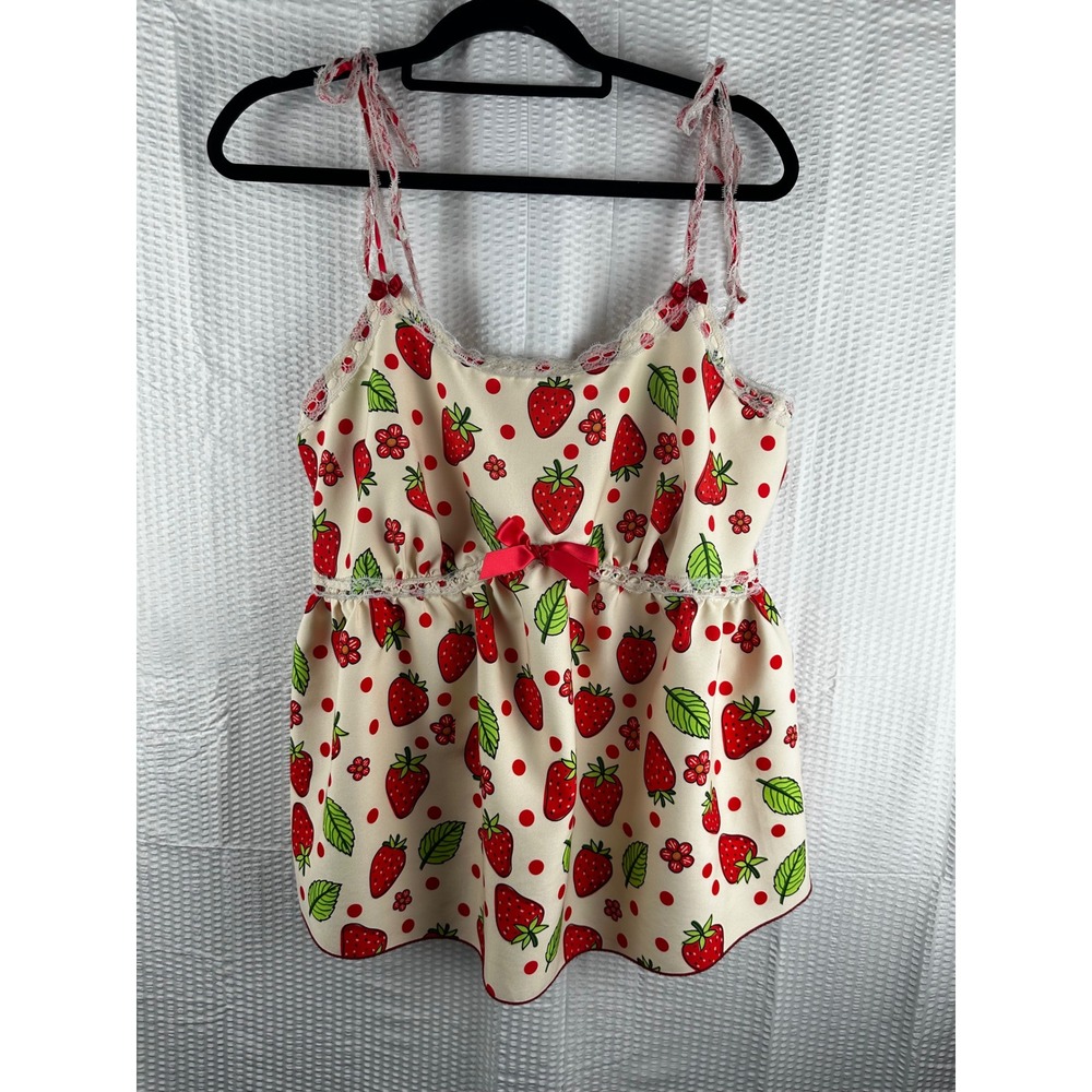 Cute Strawberry Print Camisole Top Bodice Lace Trim Tie Straps 2x